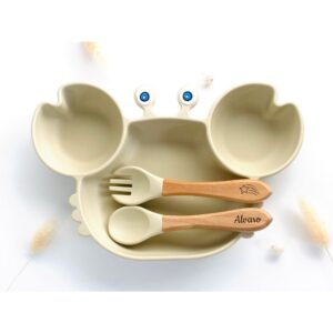 ASSIETTE CRABE SILICONE + COUVERTS BOIS/SILICONE – SABLE