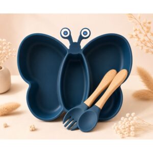 ASSIETTE PAPILLON -SILICONE + COUVERTS BOIS/SILICONE – BLEU MARINE
