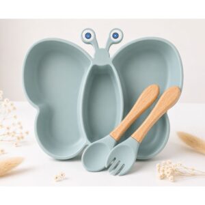 ASSIETTE PAPILLON -SILICONE + COUVERTS BOIS/SILICONE – BLEU CIEL